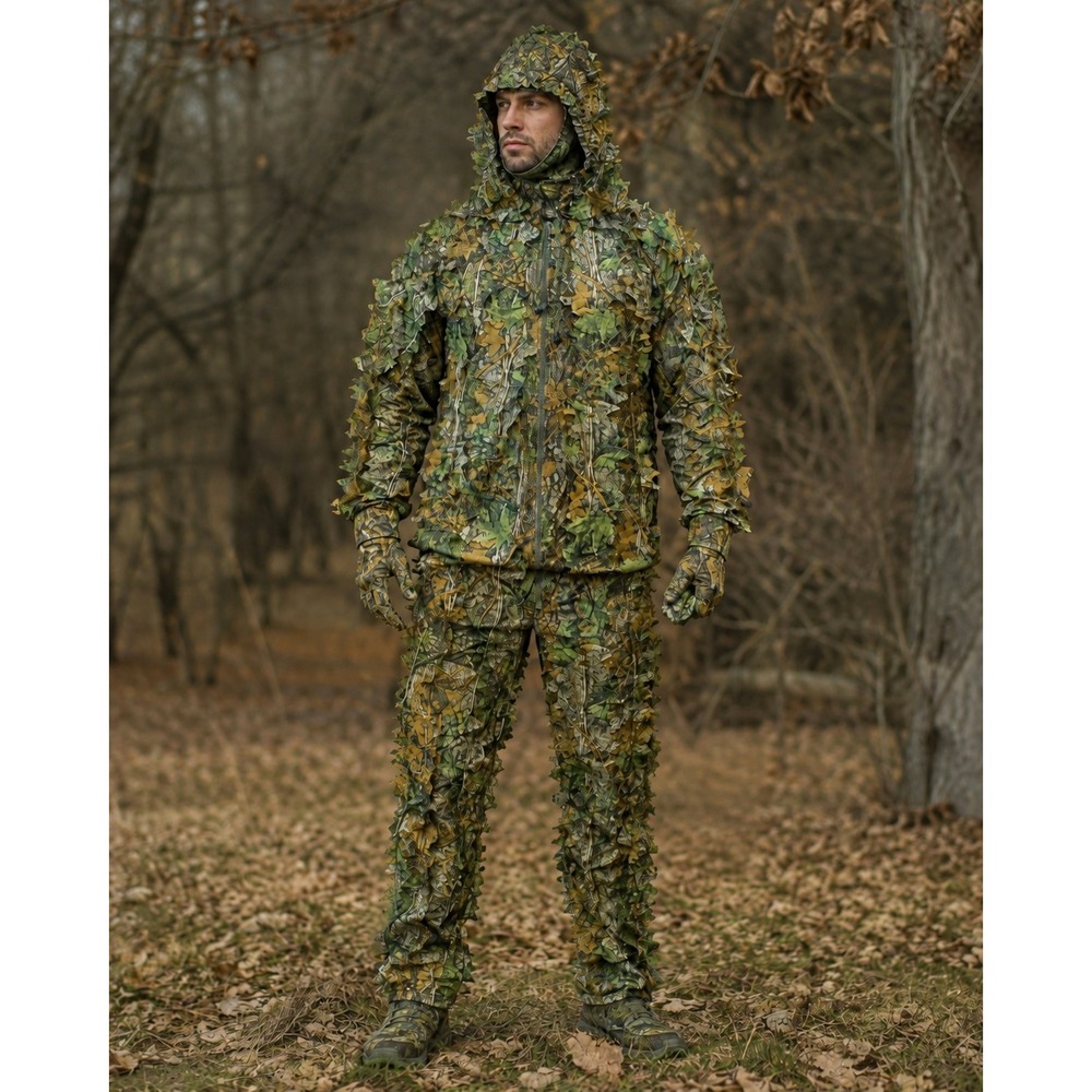 5 Piece 3D Leafy Camo Ghillie Suit Set Jacket Pants Mask Gloves Bag Forest